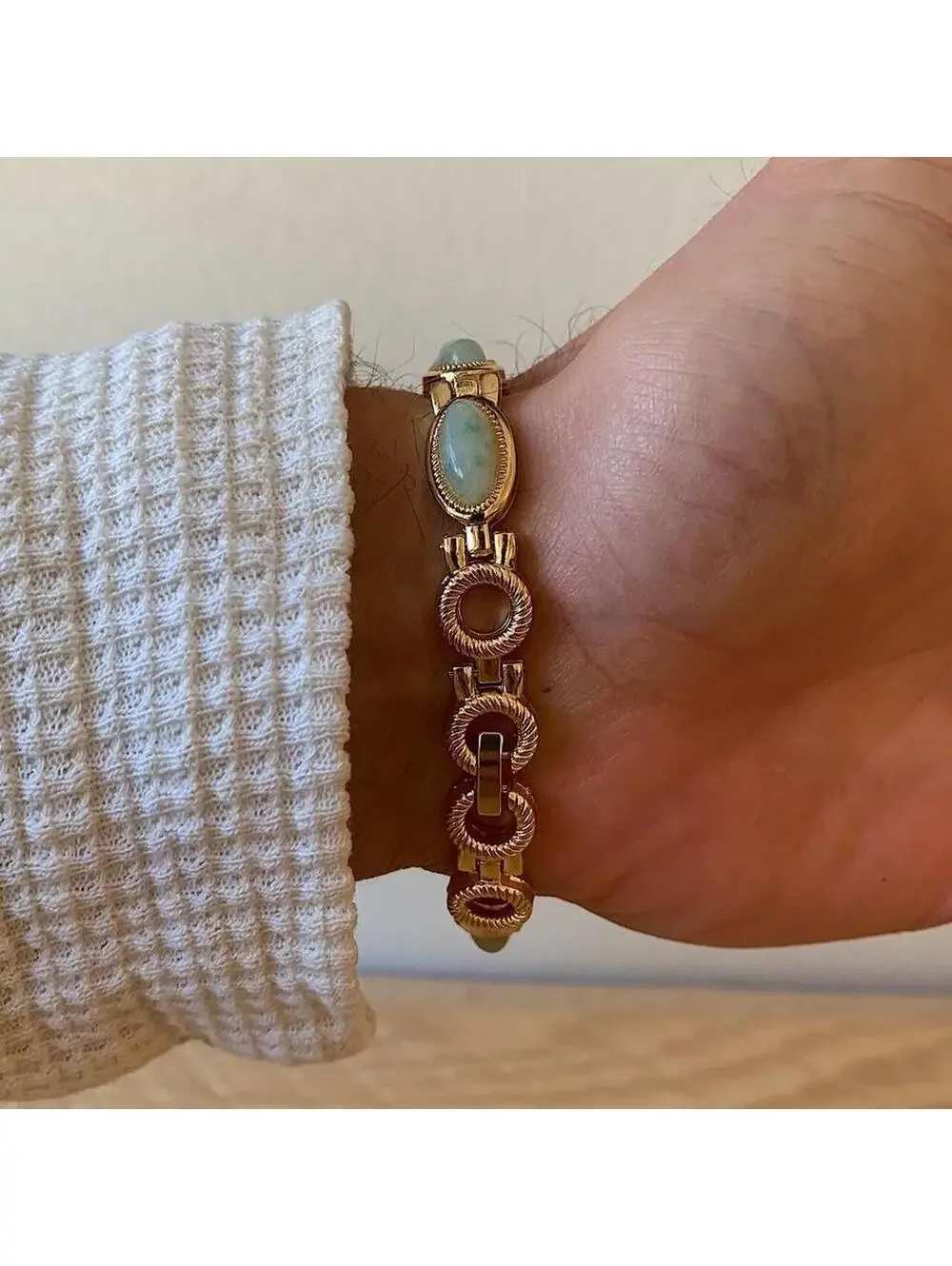 Y2K Gold Green Dainty Quartz Opal Jade Watch 8 Inch Unisex